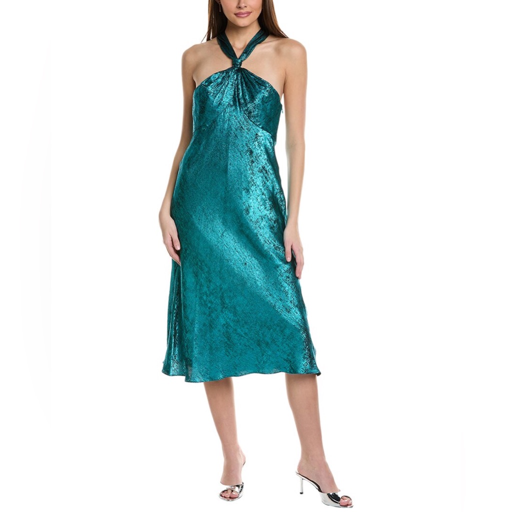 Nwt Liv Foster Sleeveless Satin Halter Midi Dress In Metallic Blue/ Green Size 8